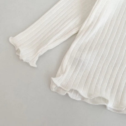 長袖Tシャツ フリル襟リブ編み長袖トップス【mh0011082】