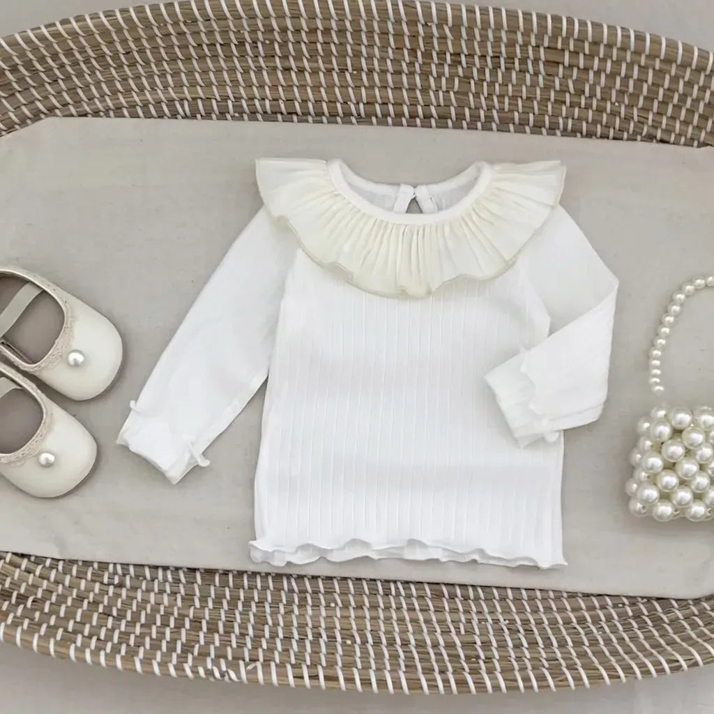 長袖Tシャツ フリル襟リブ編み長袖トップス【mh0011082】