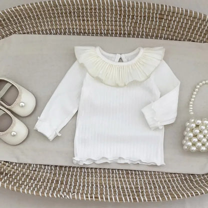長袖Tシャツ フリル襟リブ編み長袖トップス【mh0011082】