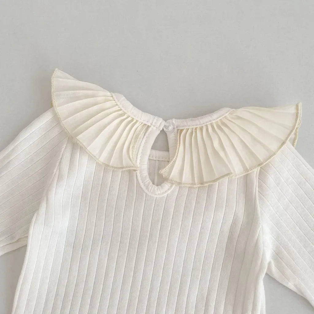 長袖Tシャツ フリル襟リブ編み長袖トップス【mh0011082】