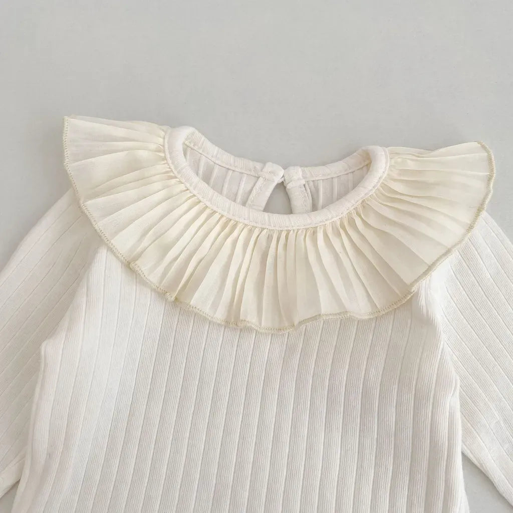 長袖Tシャツ フリル襟リブ編み長袖トップス【mh0011082】