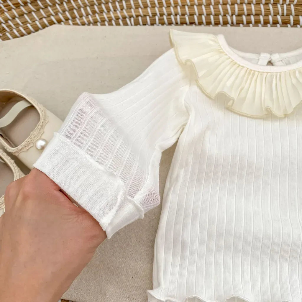 長袖Tシャツ フリル襟リブ編み長袖トップス【mh0011082】