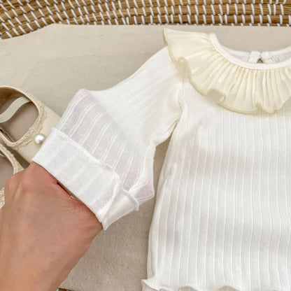 長袖Tシャツ フリル襟リブ編み長袖トップス【mh0011082】