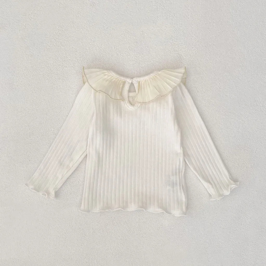 長袖Tシャツ フリル襟リブ編み長袖トップス【mh0011082】