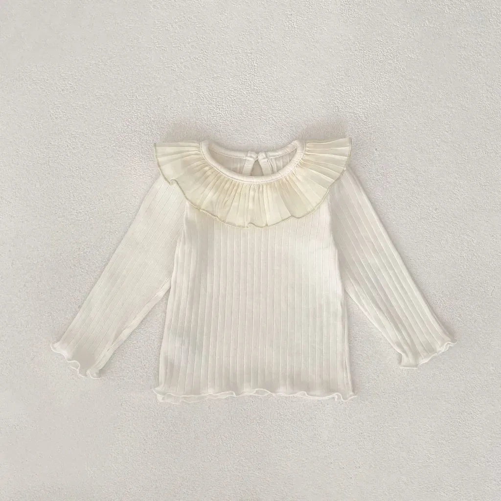 長袖Tシャツ フリル襟リブ編み長袖トップス【mh0011082】