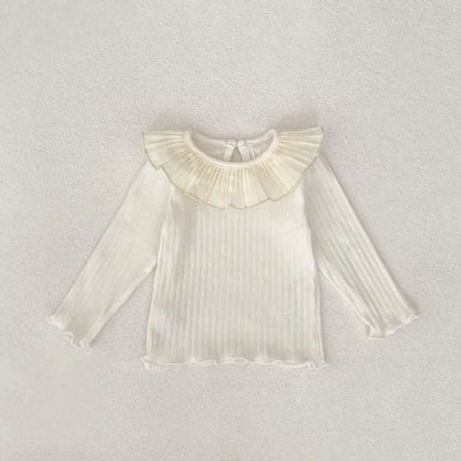 長袖Tシャツ フリル襟リブ編み長袖トップス【mh0011082】