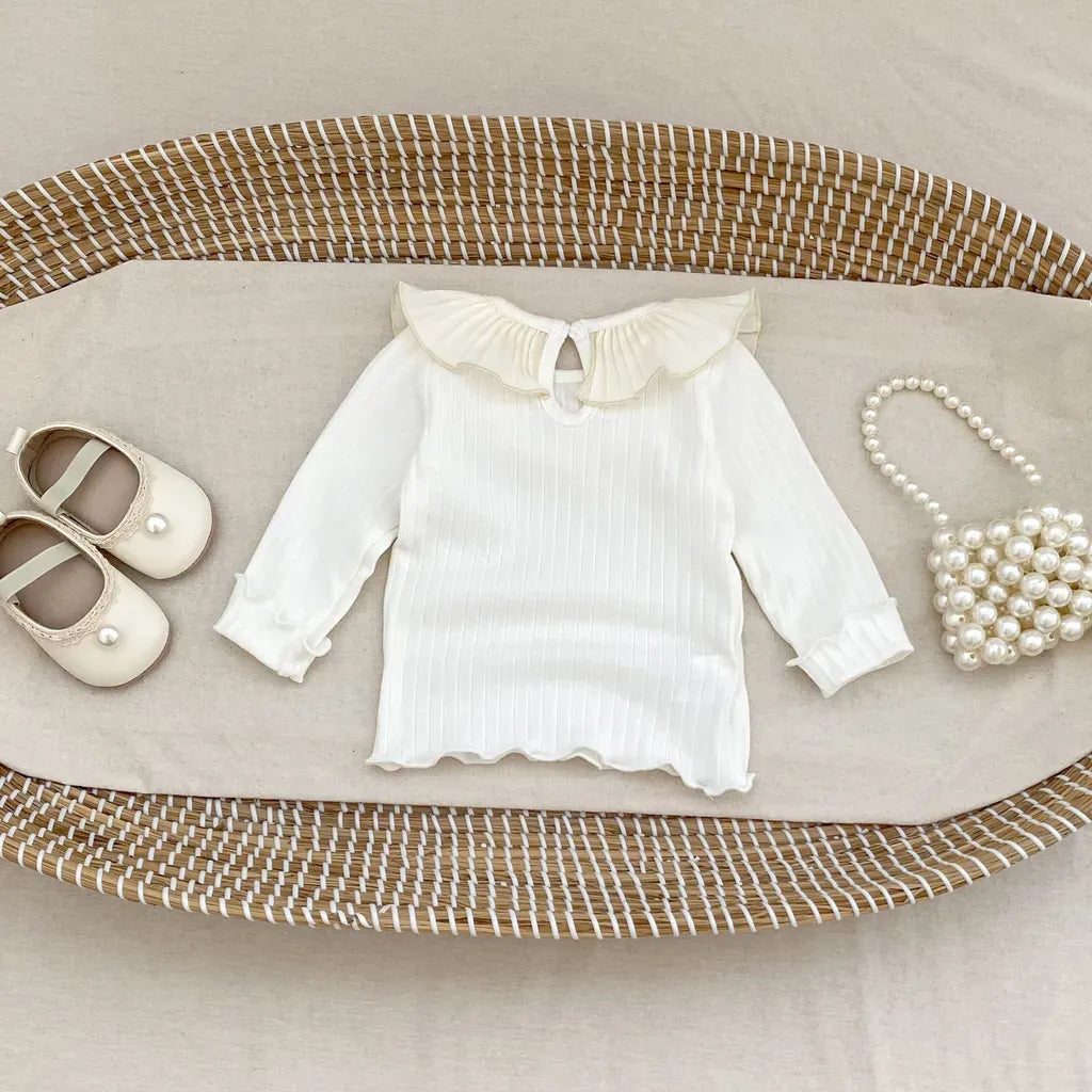 長袖Tシャツ フリル襟リブ編み長袖トップス【mh0011082】