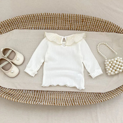 長袖Tシャツ フリル襟リブ編み長袖トップス【mh0011082】