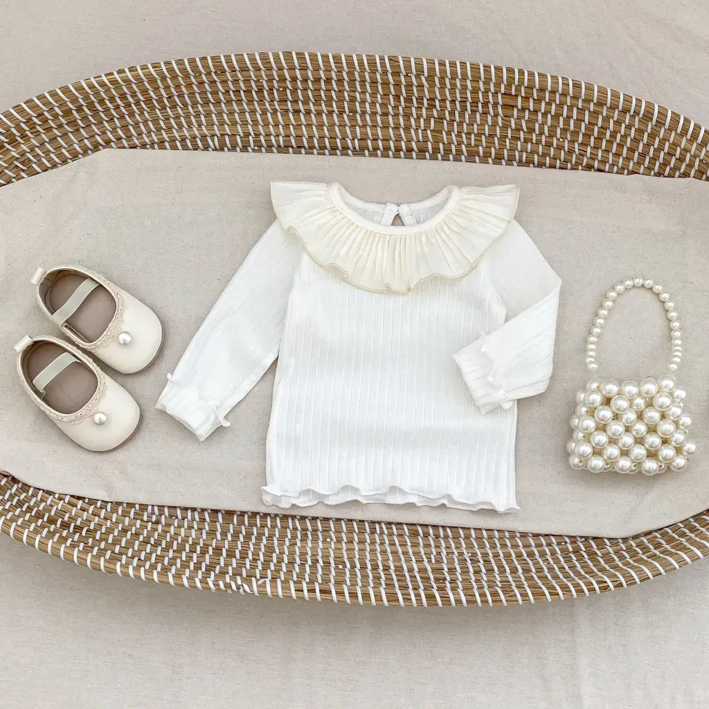 長袖Tシャツ フリル襟リブ編み長袖トップス【mh0011082】