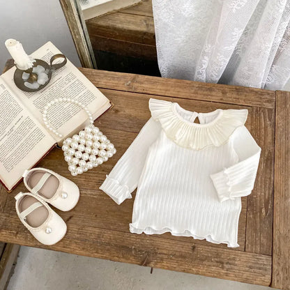 長袖Tシャツ フリル襟リブ編み長袖トップス【mh0011082】