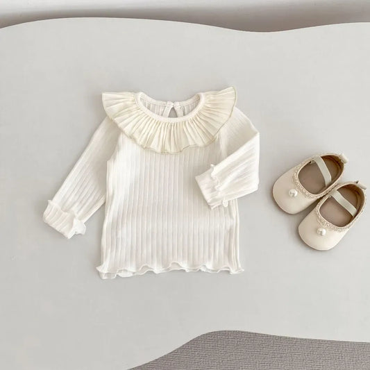 長袖Tシャツ フリル襟リブ編み長袖トップス【mh0011082】