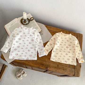 長袖Tシャツ ベビーキッズトップス フラワー小花柄プリントハイネック長袖Tシャツ 2カラー【mh0007032】