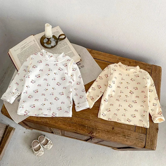 長袖Tシャツ ベビーキッズトップス フラワー小花柄プリントハイネック長袖Tシャツ 2カラー【mh0007032】