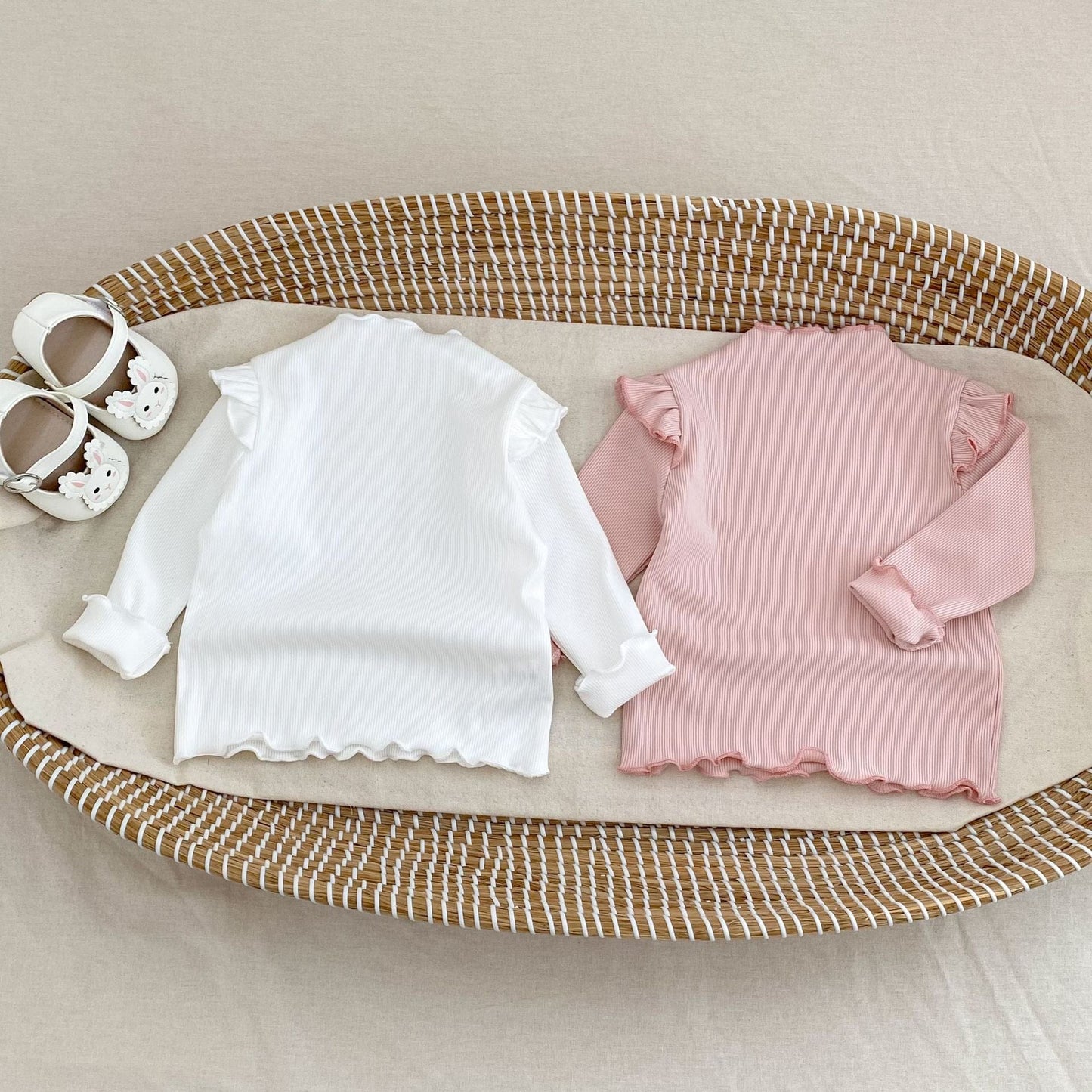 長袖Tシャツ ショルダーフリルスタンドカラー長袖Tシャツ【mh0010501】