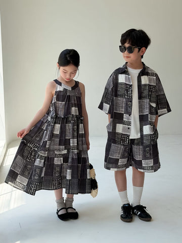 Ethnic Geometric Printed Dress Shirt Shorts Set エスニック ノースリーブワンピース 半袖シャツ ハーフパンツ【mh0013538】 KUMAI.KIDS 半袖セットアップ