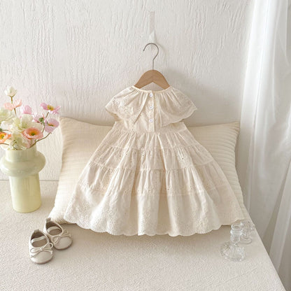 Eyelet Embroidered Ruffle Tiered Dress ベージュ レースカラー ティアード ワンピース【mh0012725】 angou ノースリーブワンピース