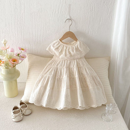 Eyelet Embroidered Ruffle Tiered Dress ベージュ レースカラー ティアード ワンピース【mh0012725】 angou ノースリーブワンピース