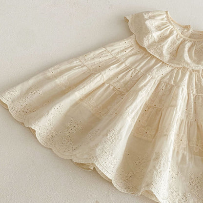 Eyelet Embroidered Ruffle Tiered Dress ベージュ レースカラー ティアード ワンピース【mh0012725】 angou ノースリーブワンピース