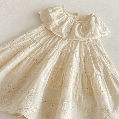 Eyelet Embroidered Ruffle Tiered Dress ベージュ レースカラー ティアード ワンピース【mh0012725】 angou ノースリーブワンピース