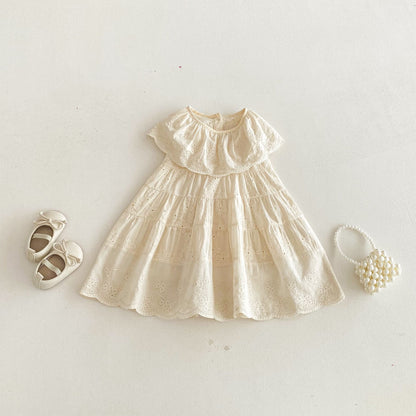 Eyelet Embroidered Ruffle Tiered Dress ベージュ レースカラー ティアード ワンピース【mh0012725】 angou ノースリーブワンピース