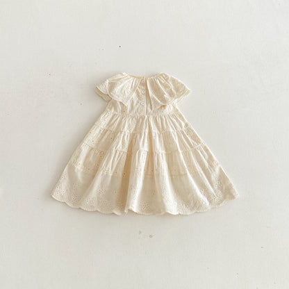 Eyelet Embroidered Ruffle Tiered Dress ベージュ レースカラー ティアード ワンピース【mh0012725】 angou ノースリーブワンピース