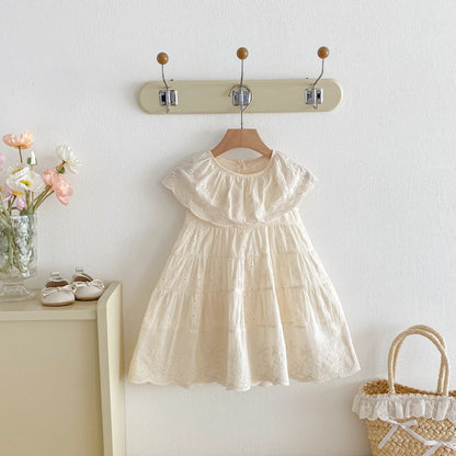 Eyelet Embroidered Ruffle Tiered Dress ベージュ レースカラー ティアード ワンピース【mh0012725】 angou ノースリーブワンピース