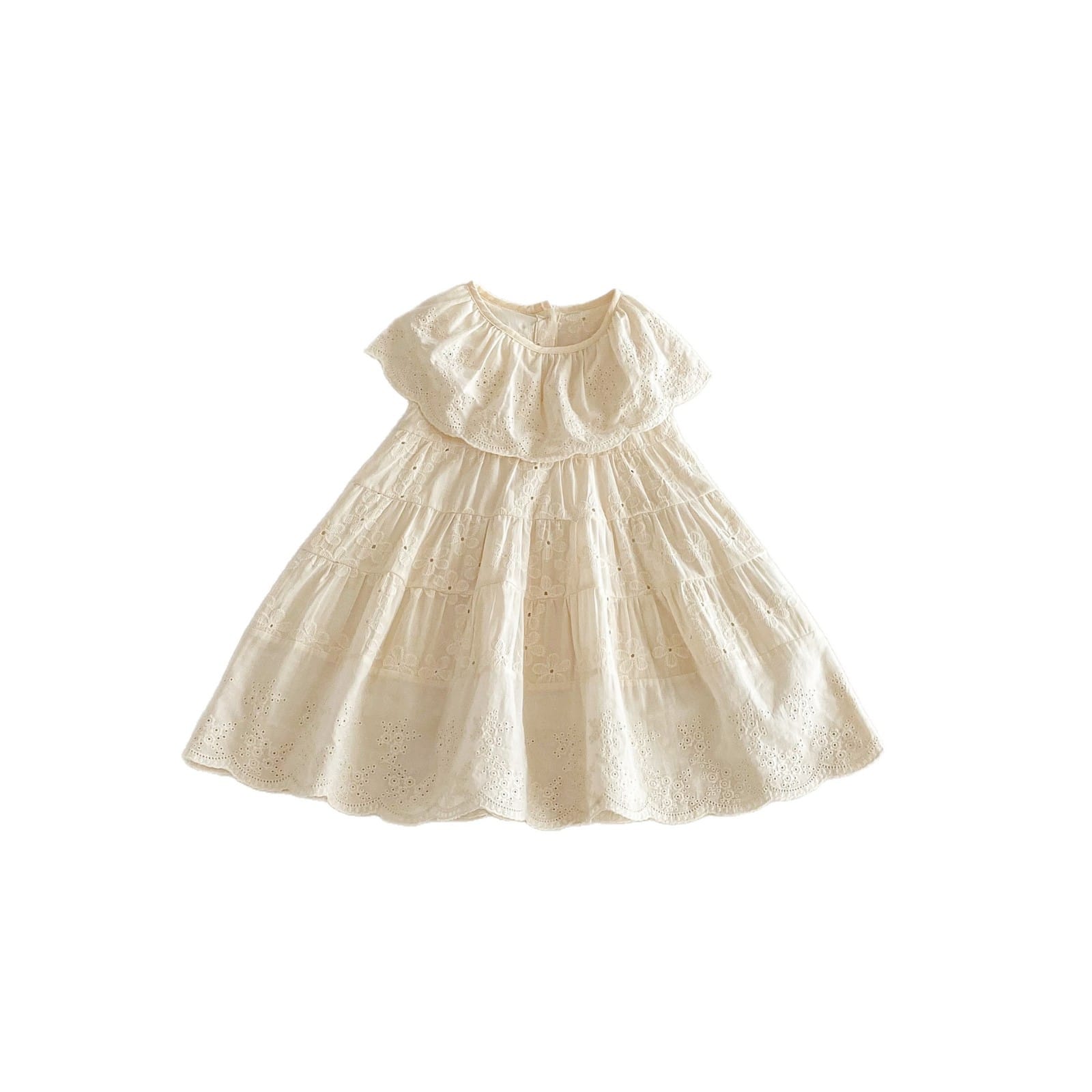 Eyelet Embroidered Ruffle Tiered Dress ベージュ レースカラー ティアード ワンピース【mh0012725】 angou ノースリーブワンピース