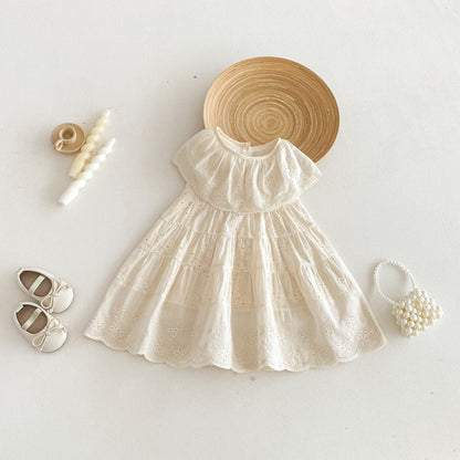 Eyelet Embroidered Ruffle Tiered Dress ベージュ レースカラー ティアード ワンピース【mh0012725】 angou ノースリーブワンピース