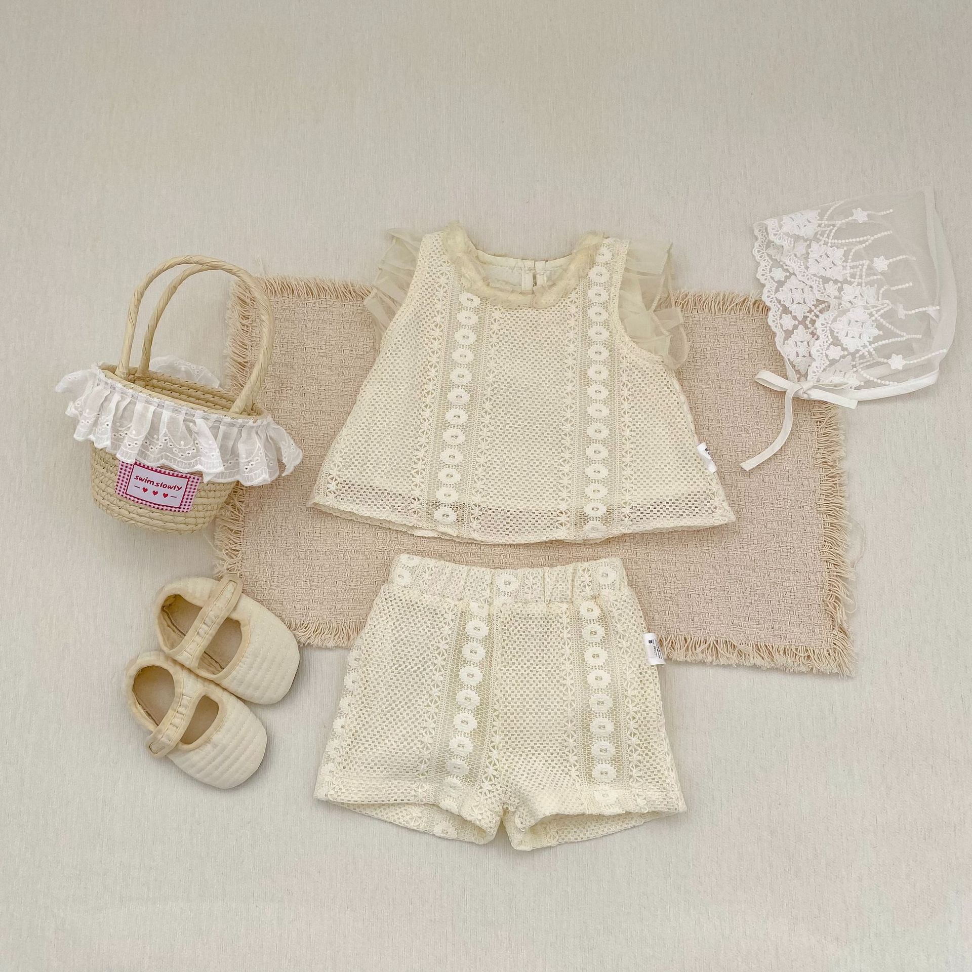 Eyelet Lace Flutter Sleeve Set アイレットレース フリル袖 セットアップ【mh0012484】 Engepapa ノースリーブセットアップ