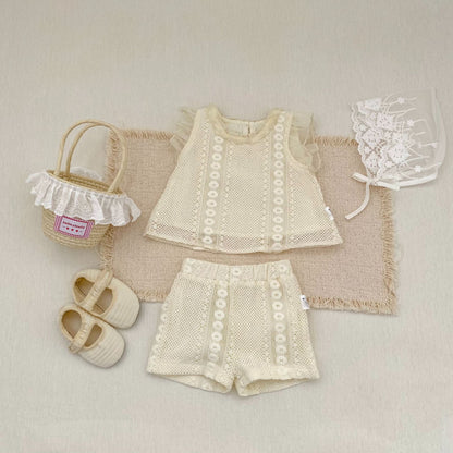 Eyelet Lace Flutter Sleeve Set アイレットレース フリル袖 セットアップ【mh0012484】 Engepapa ノースリーブセットアップ