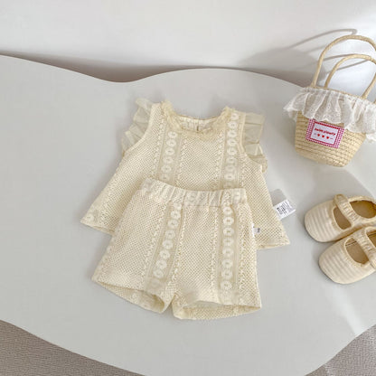 Eyelet Lace Flutter Sleeve Set アイレットレース フリル袖 セットアップ【mh0012484】 Engepapa ノースリーブセットアップ