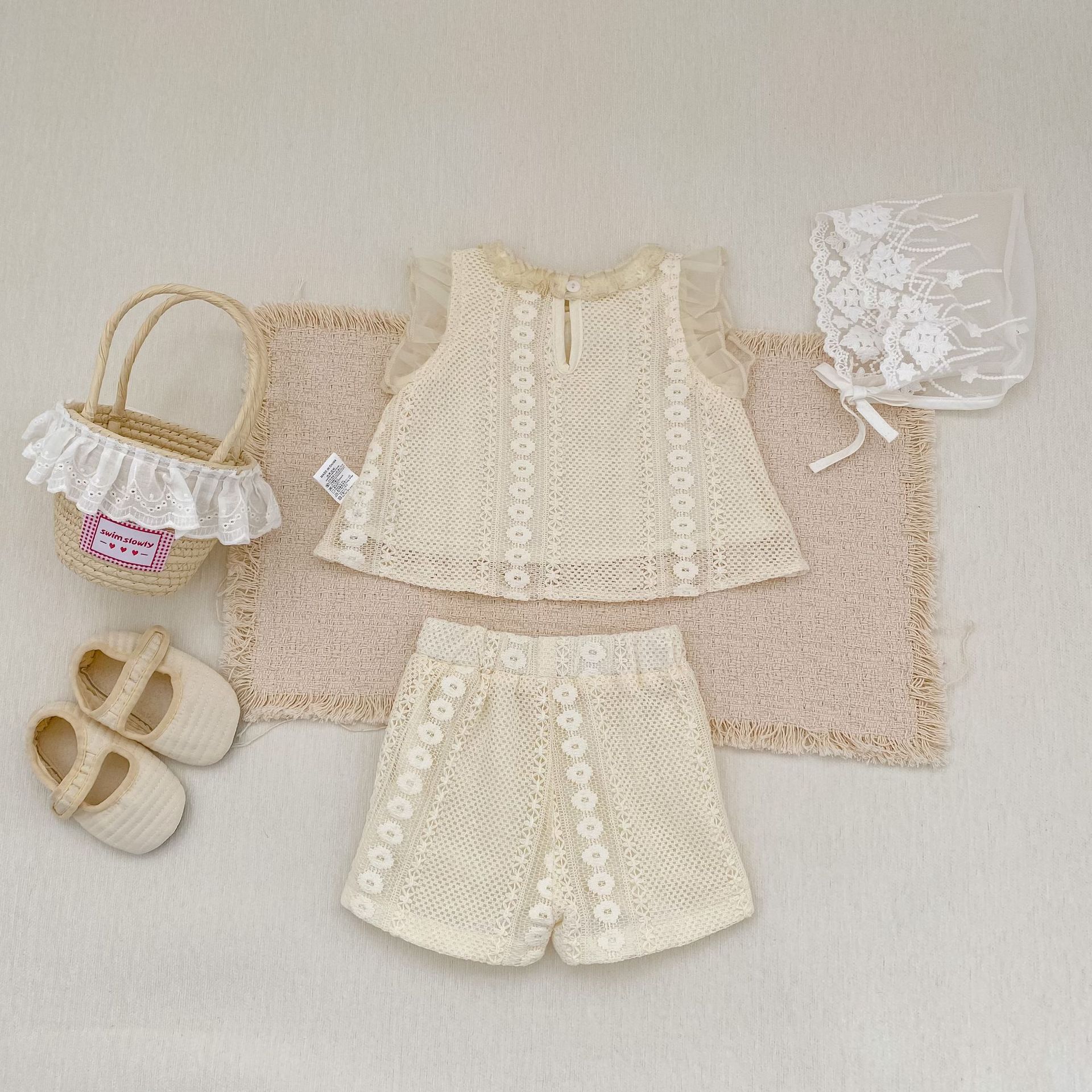Eyelet Lace Flutter Sleeve Set アイレットレース フリル袖 セットアップ【mh0012484】 Engepapa ノースリーブセットアップ