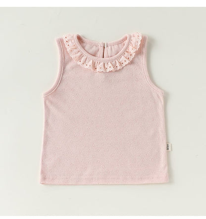 ピンクのアイレットレースノースリーブTシャツ、フリルレースの丸襟