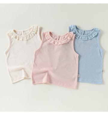 Eyelet Lace Sleeveless Tee ラッフルレース ノースリーブTシャツ【mh0013043】 Beitaoya タンクトップ・キャミソール・ノースリーブトップス