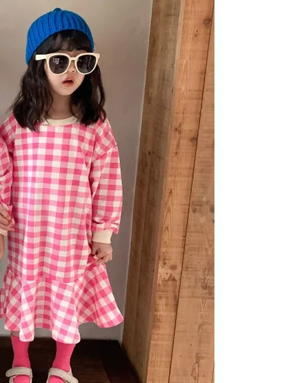 -キッズトップス ワンピース チェック 長袖Tシャツ 長袖フレアワンピース リンクコーデ 兄弟姉妹 お揃いコーデ ピンク/ベージュ/2カラー【mh0000062】 - mamahalo shop - 長袖ワンピース -  べビー服 - 子供服 - 男の子 - 女の子