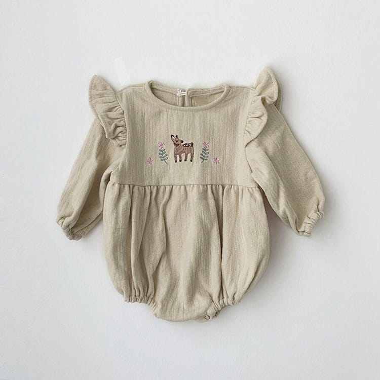 Fawn Embroidered Ruffle Bodysuit 小鹿 刺繍 フリル 長袖ロンパース【mh0012696】 Apricot Rompers / 80cm BBAMMA 長袖ロンパース