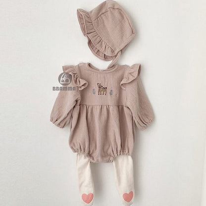 Fawn Embroidered Ruffle Bodysuit 小鹿 刺繍 フリル 長袖ロンパース【mh0012696】 BBAMMA 長袖ロンパース