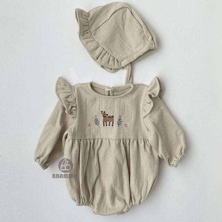 Fawn Embroidered Ruffle Bodysuit 小鹿 刺繍 フリル 長袖ロンパース【mh0012696】 BBAMMA 長袖ロンパース