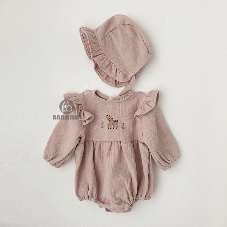 Fawn Embroidered Ruffle Bodysuit 小鹿 刺繍 フリル 長袖ロンパース【mh0012696】 BBAMMA 長袖ロンパース