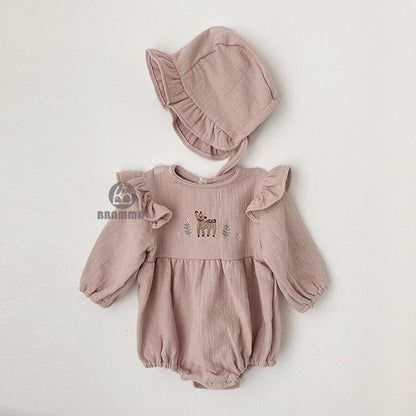 Fawn Embroidered Ruffle Bodysuit 小鹿 刺繍 フリル 長袖ロンパース【mh0012696】 BBAMMA 長袖ロンパース
