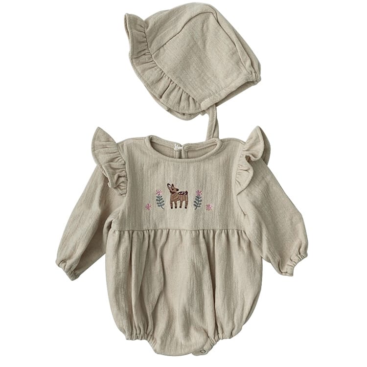 Fawn Embroidered Ruffle Bodysuit 小鹿 刺繍 フリル 長袖ロンパース【mh0012696】 BBAMMA 長袖ロンパース