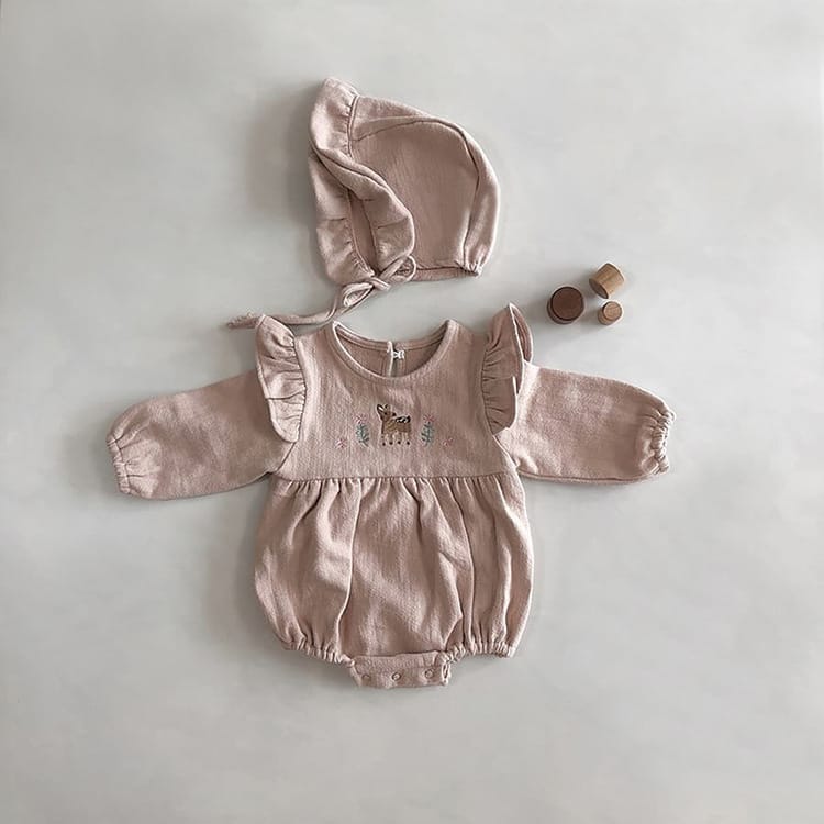 Fawn Embroidered Ruffle Bodysuit 小鹿 刺繍 フリル 長袖ロンパース【mh0012696】 BBAMMA 長袖ロンパース