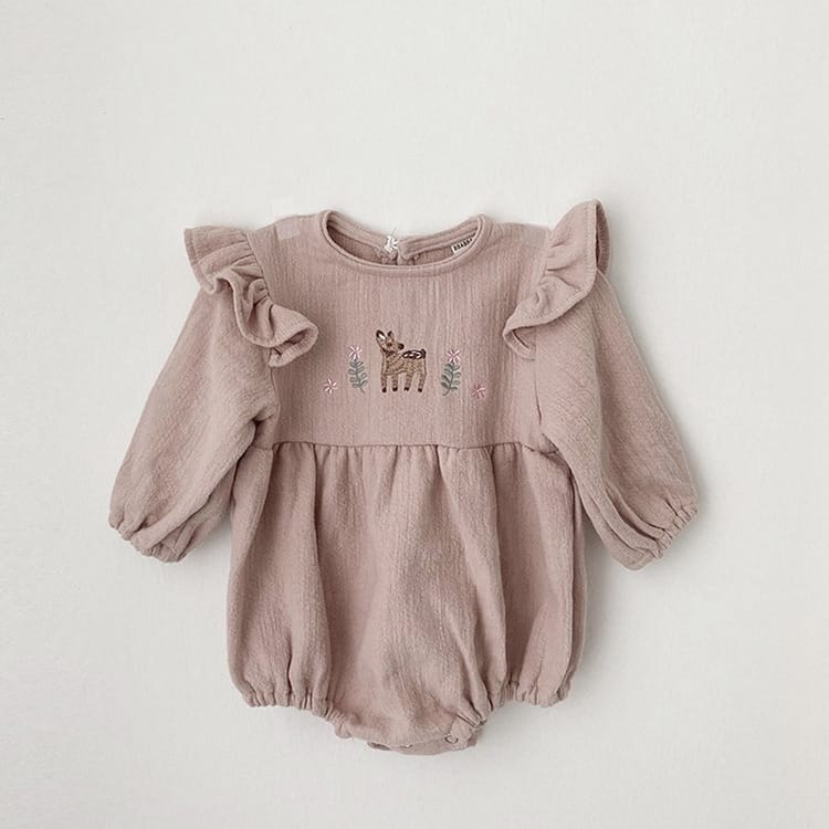 Fawn Embroidered Ruffle Bodysuit 小鹿 刺繍 フリル 長袖ロンパース【mh0012696】 Pink Rompers / 73cm BBAMMA 長袖ロンパース