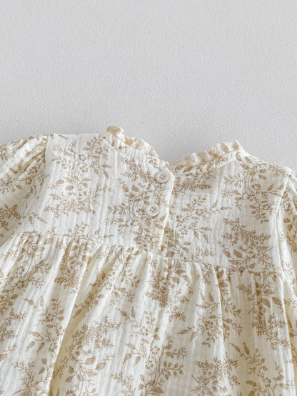 長袖ロンパース ベビーロンパース フリルフラワープリント長袖ボディスーツ アプリコット【mh0007301】