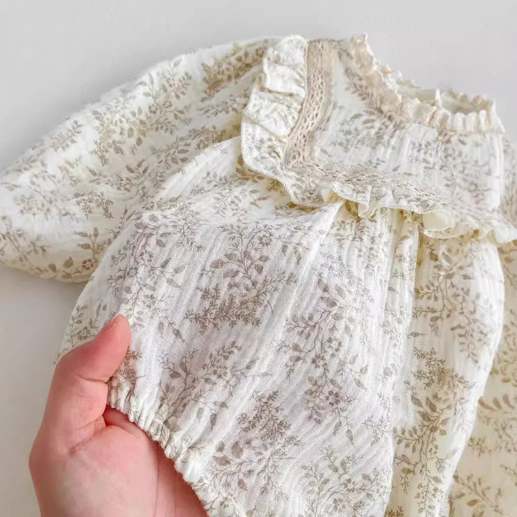 長袖ロンパース ベビーロンパース フリルフラワープリント長袖ボディスーツ アプリコット【mh0007301】