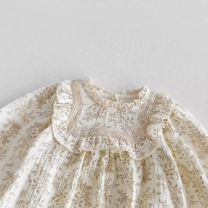 長袖ロンパース ベビーロンパース フリルフラワープリント長袖ボディスーツ アプリコット【mh0007301】