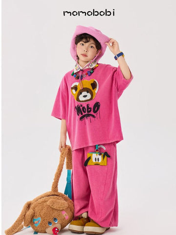 Flock Print Raccoon Tee & Wide Pants アライグマ 半袖Tシャツ ロングパンツ セット【mh0013005】 momobobi 半袖セットアップ