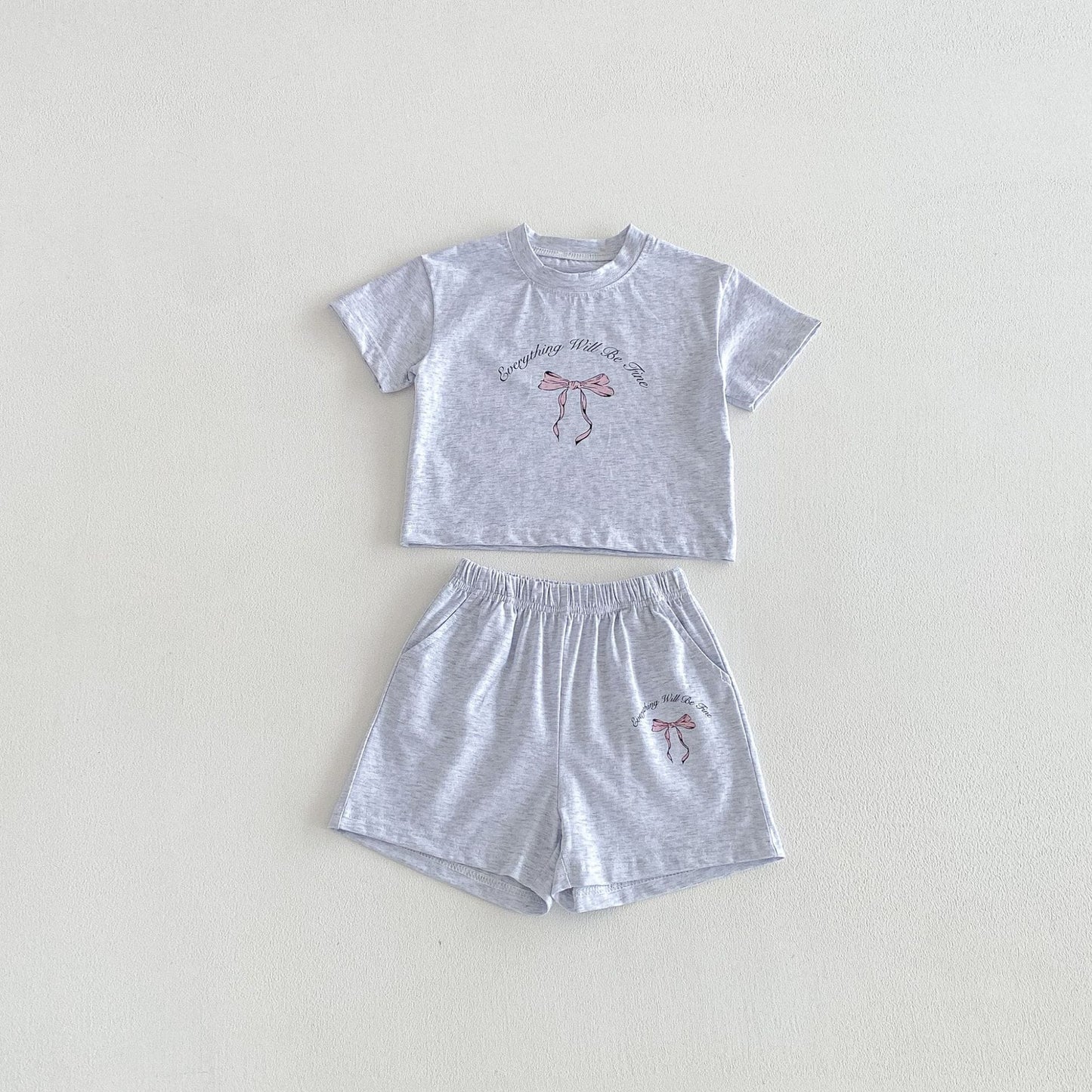 Floral Bow T-shirt Shorts Set フラワー リボン 半袖 セットアップ【mh0012716】 Light Grey / 80cm angou 半袖セットアップ