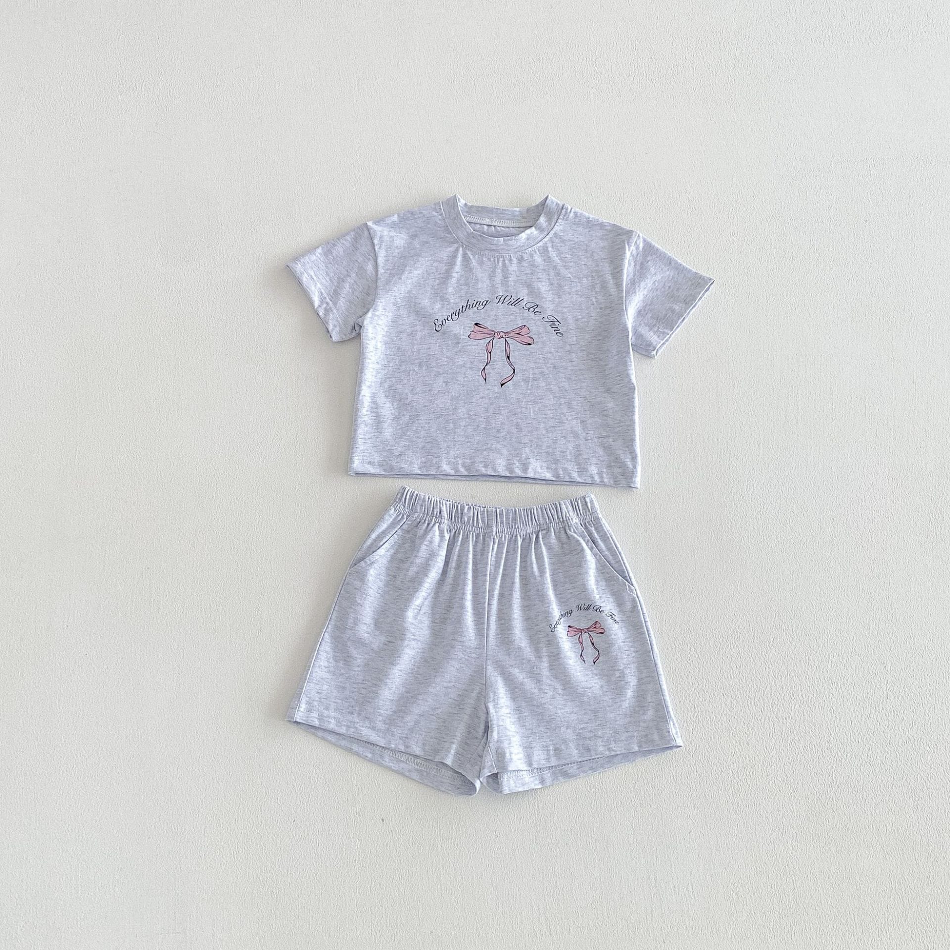 Floral Bow T-shirt Shorts Set フラワー リボン 半袖 セットアップ【mh0012716】 Light Grey / 80cm angou 半袖セットアップ