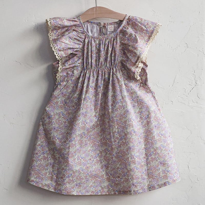 Floral Butterfly Dress 花柄 バタフライスリーブワンピース【mh0012983】 Flower / 90cm Strawberry Coral 半袖ワンピース